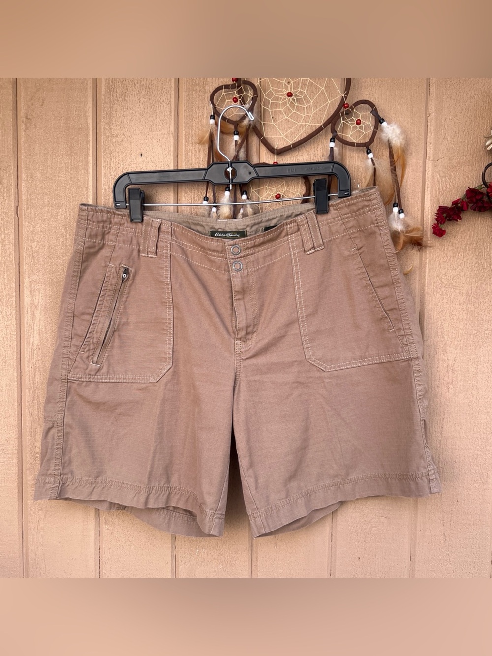 Eddie Bauer Women's Blakely Fit Ripstop Utility Shorts Size 14 Khaki 💯 COTTON
